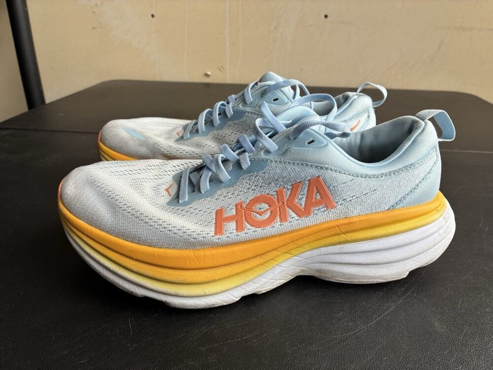 Hoka One One Bondi 8 Women's Light Blue Yellow Mesh Cushioned Lace Up Size 9D